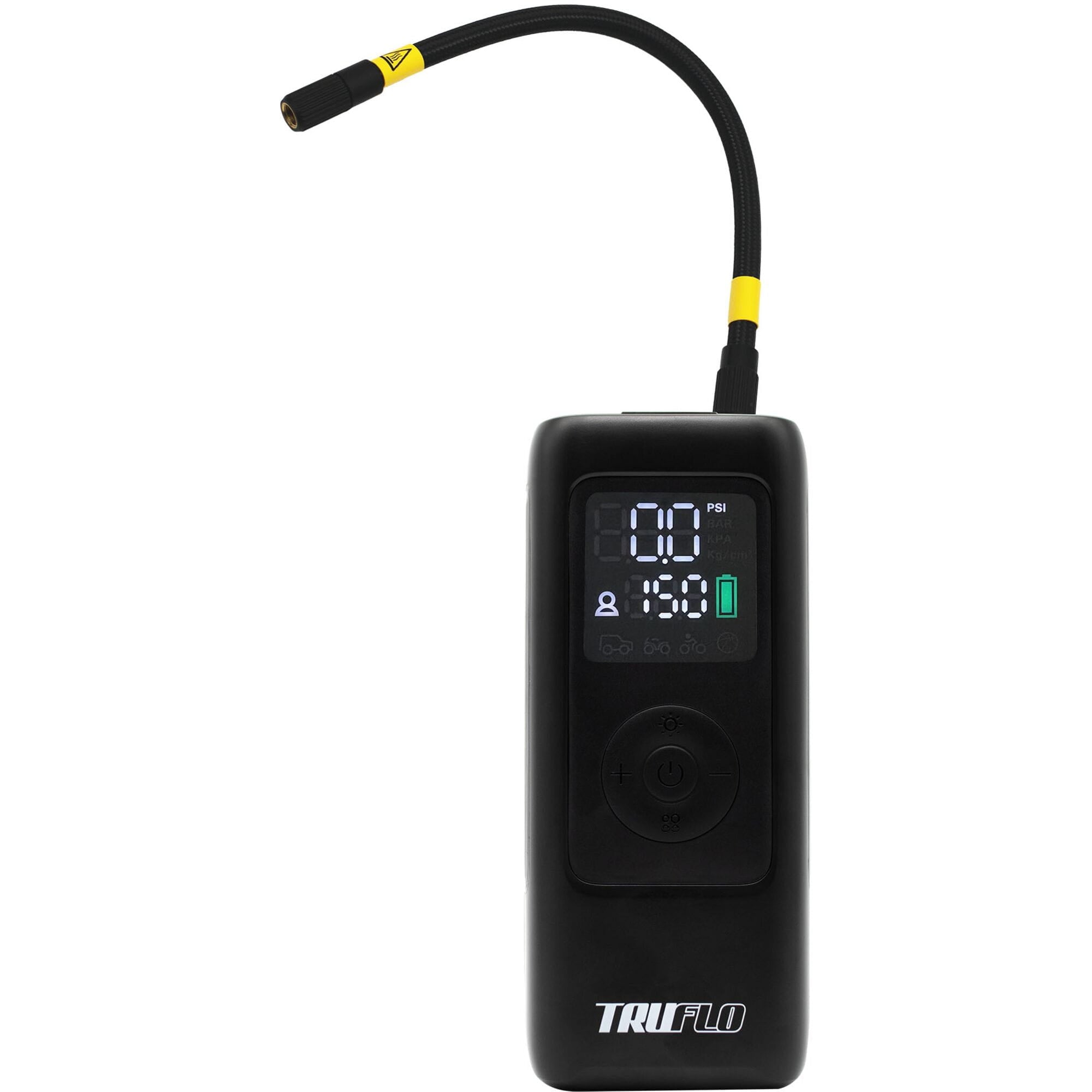 Truflo Electron Max portable digital electric pump with USB-C rechargeable battery, compact accessories for inflating devices.