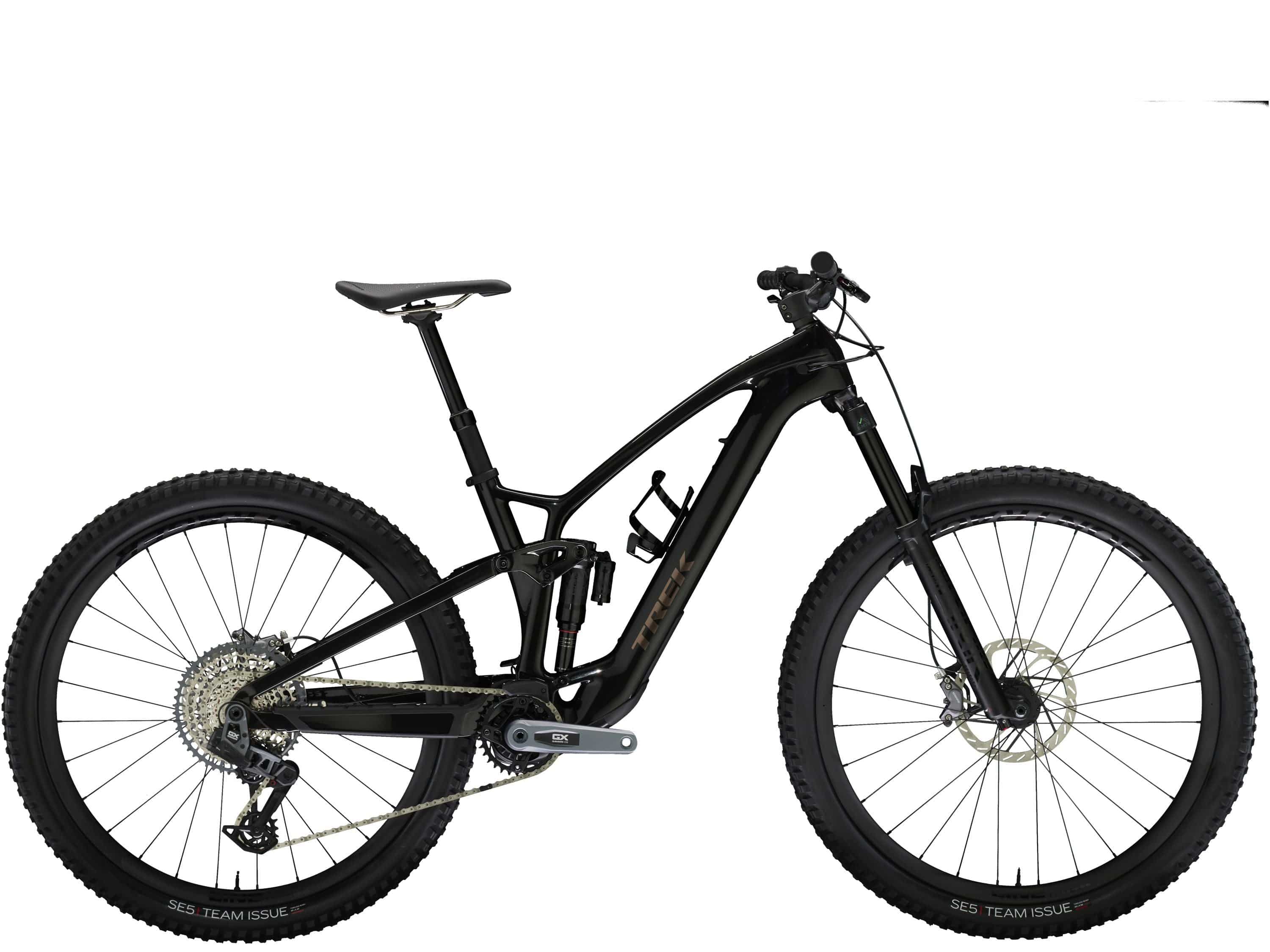 Trek Fuel EXe 9.8 GX AXS T-Type 29er e-Mountain Bike with SRAM wireless shifting, showing the bike's frame and components.