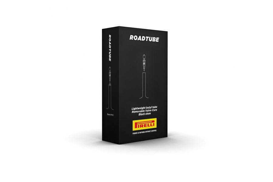 Pirelli RoadTUBE inner tube for road cycling with removable valve core, showing the valve and rubber tube in close-up image.