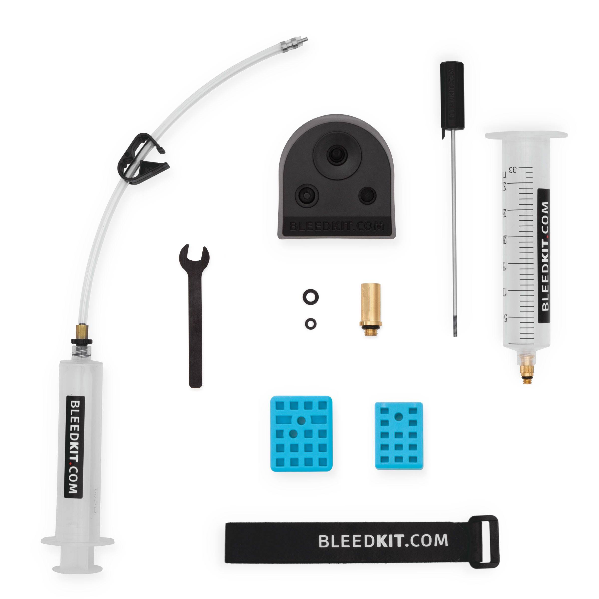 Shimano premium road hydraulic brake bleeding kit by Bleedkit, showing components and tools for brake maintenance.