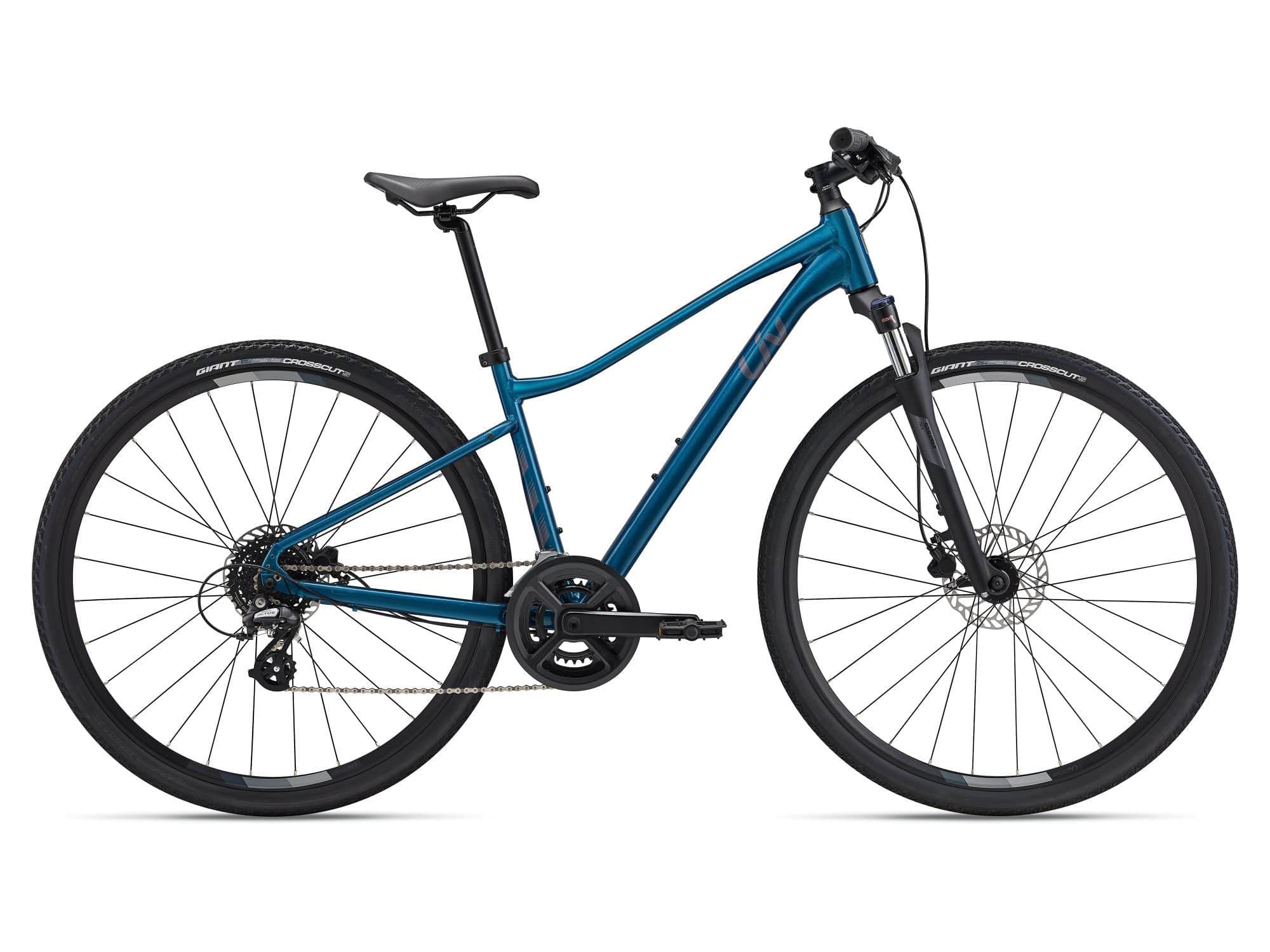 Liv Rove 3 women's hybrid bike with Shimano Altus drivetrain and hydraulic disc brakes, shown with a sleek frame and comfortable saddle.