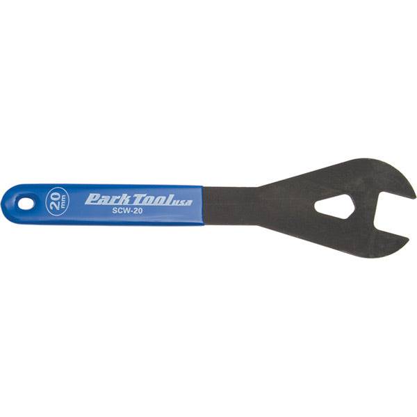 Park Tool SCW-20 20mm shop cone wrench with vinyl-dipped handle, ideal for bike wheel hub adjustments in workshop settings.
