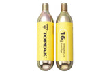 Topeak 16g threaded CO2 cartridges with iridescent copper and black finish, suitable for bike inflator accessories.