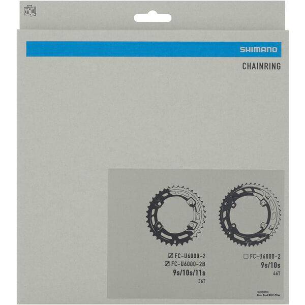 Shimano CUES FC-U6000-2 36T double chainring for MTB, 11/10/9 speed, close-up view of outer chainring with teeth detail.