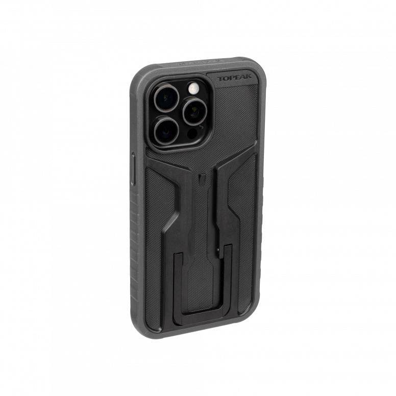 Topeak RideCase Black protective bike mount case for iPhone 15 PRO MAX, showcasing the rugged design and secure mounting features.
