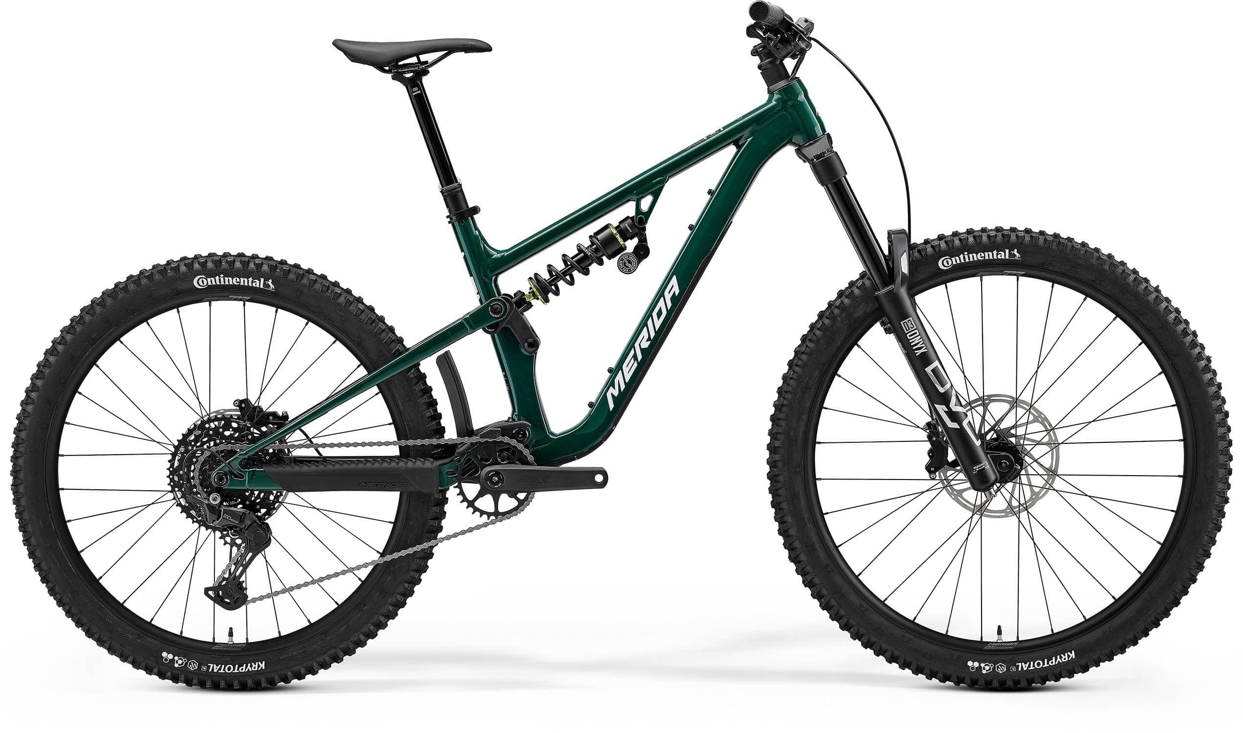 Merida One-Sixty FR 400 full suspension mountain bike with Shimano CUES U6000 GS components, showing the bike's frame and front suspension.