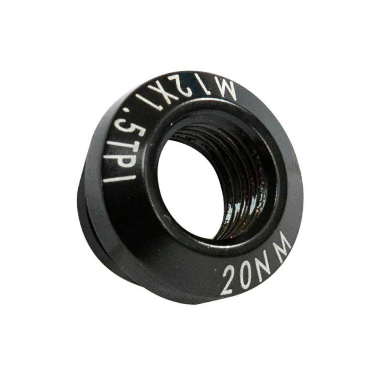 Kinesis UK 12mm through axle dropout nut for secure bike wheel attachment, shown with metallic finish and threading details.