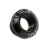 Kinesis UK 12mm through axle dropout nut for secure bike wheel attachment, shown with metallic finish and threading details.