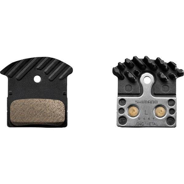 Shimano J04C-MF metal sintered disc brake pads with spring and cooling fins for bicycle disc brake system.