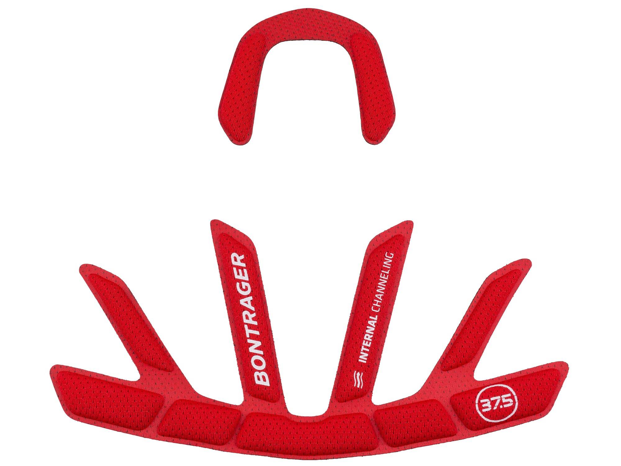 Red Bontrager Velocis MIPS helmet replacement fit pads shown, designed for comfortable helmet fit and compatibility with MIPS and non-MIPS helmets.
