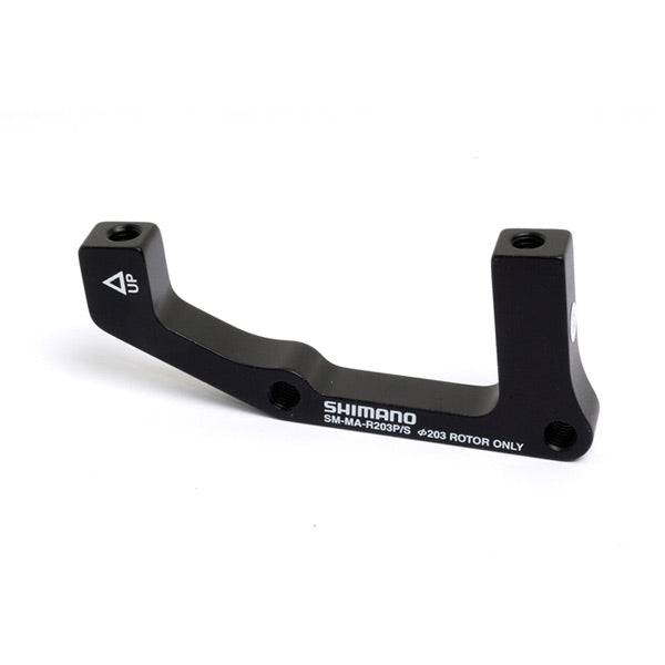 Shimano disc brake adapter for post mount caliper, I/Std frame, suitable for 203mm rotor, shown attached to bicycle frame.