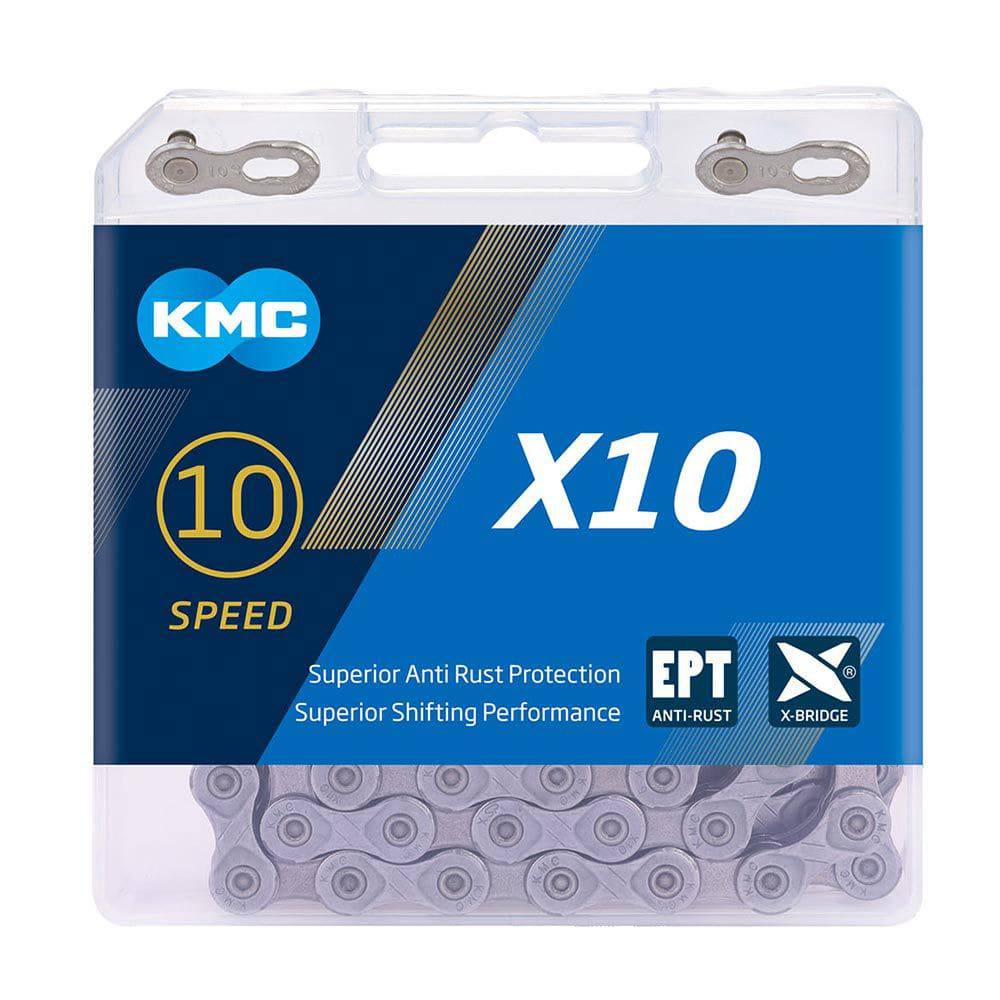 KMC X10 EPT 114L 10-speed bike chain with EcoProTeQ rust-resistant coating, showing the silver chain links and branding.