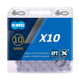 KMC X10 EPT 114L 10-speed bike chain with EcoProTeQ rust-resistant coating, showing the silver chain links and branding.