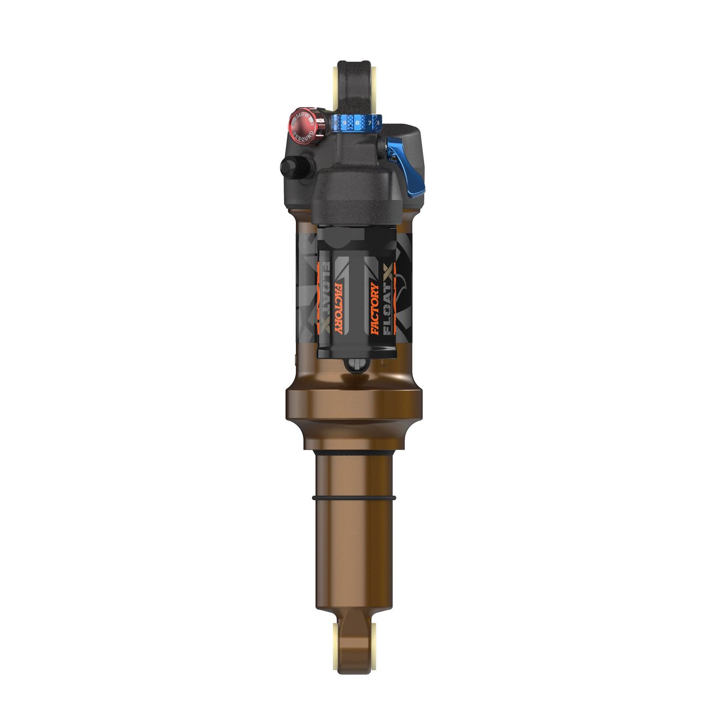 Fox Float X Factory rear shock for trail bikes, 2-position adjustable suspension component with high-performance design.