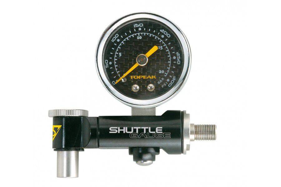 Topeak Shuttle Gauge black mini pressure gauge with bag showing 300psi for Presta and Schrader valves