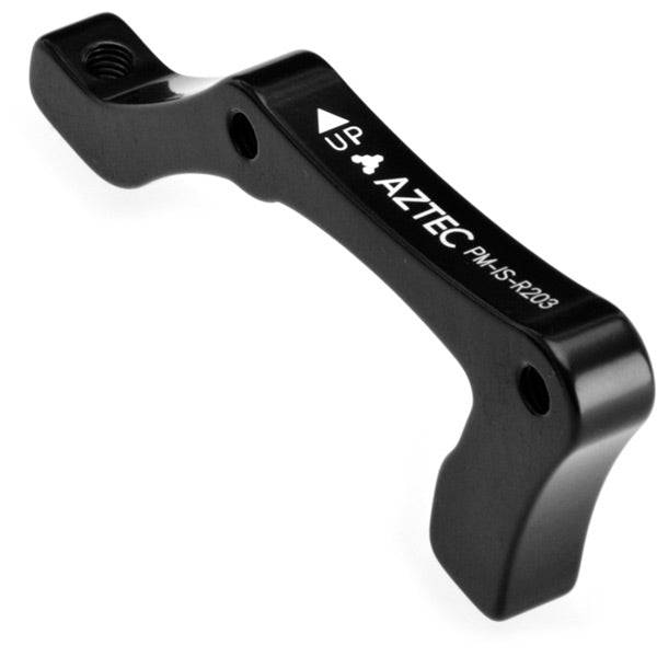 Aztec post type disc brake adapter for IS frame mount, suitable for 203mm rotors, shown attached to bicycle frame.