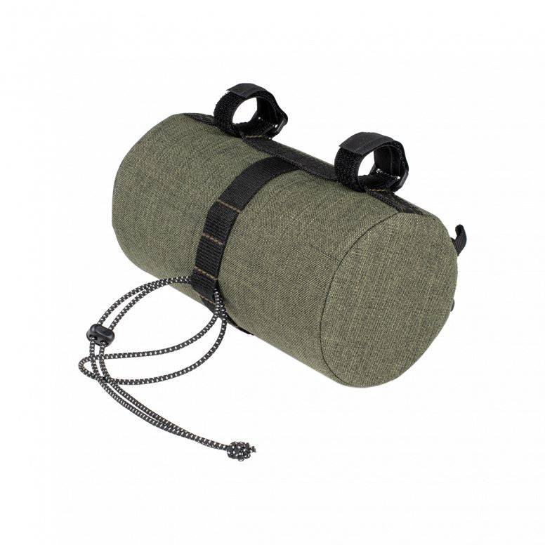 Topeak Tubular Barbag 1.5L handlebar bag with shock-absorbing foam and Molle straps, mounted on bicycle handlebars.