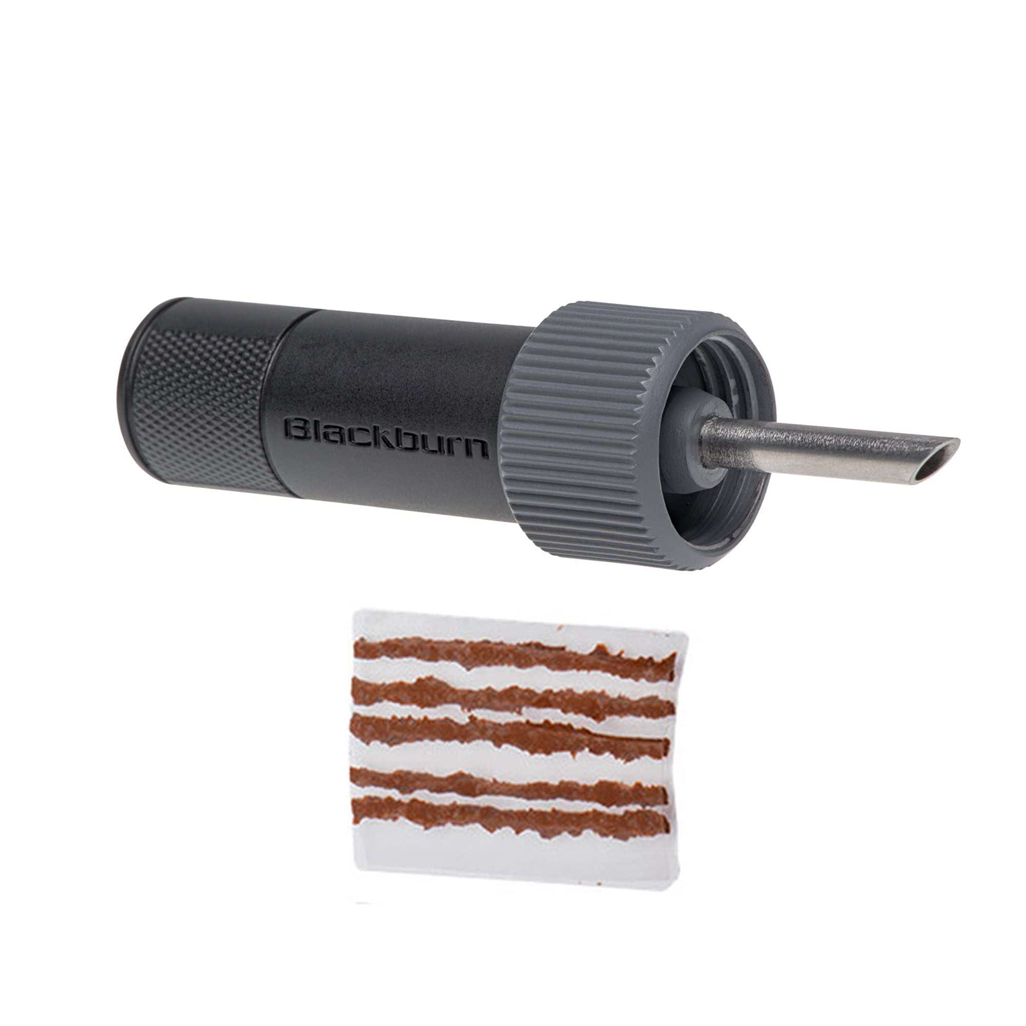 Blackburn Mini Plugger tubeless tire repair kit with tools for quick on-the-go bicycle tire repairs, shown with repair plugs and tools.