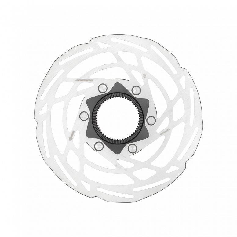 Jagwire Sport SR1 centerlock disc brake rotor showing stainless steel surface and vented design for quiet, reliable braking performance.