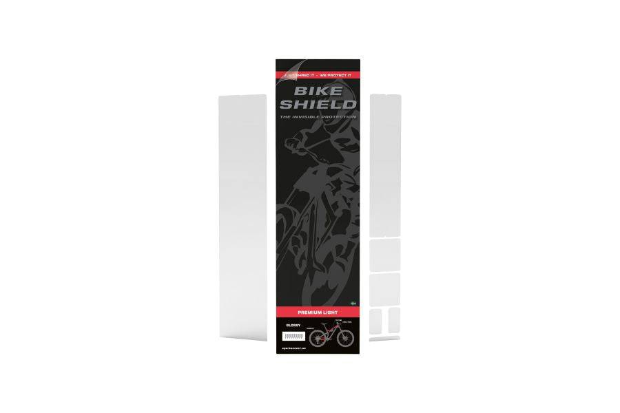 Bike Shield Premium Clear Gloss Light Kit installed on a bike frame for protection and enhanced visibility.