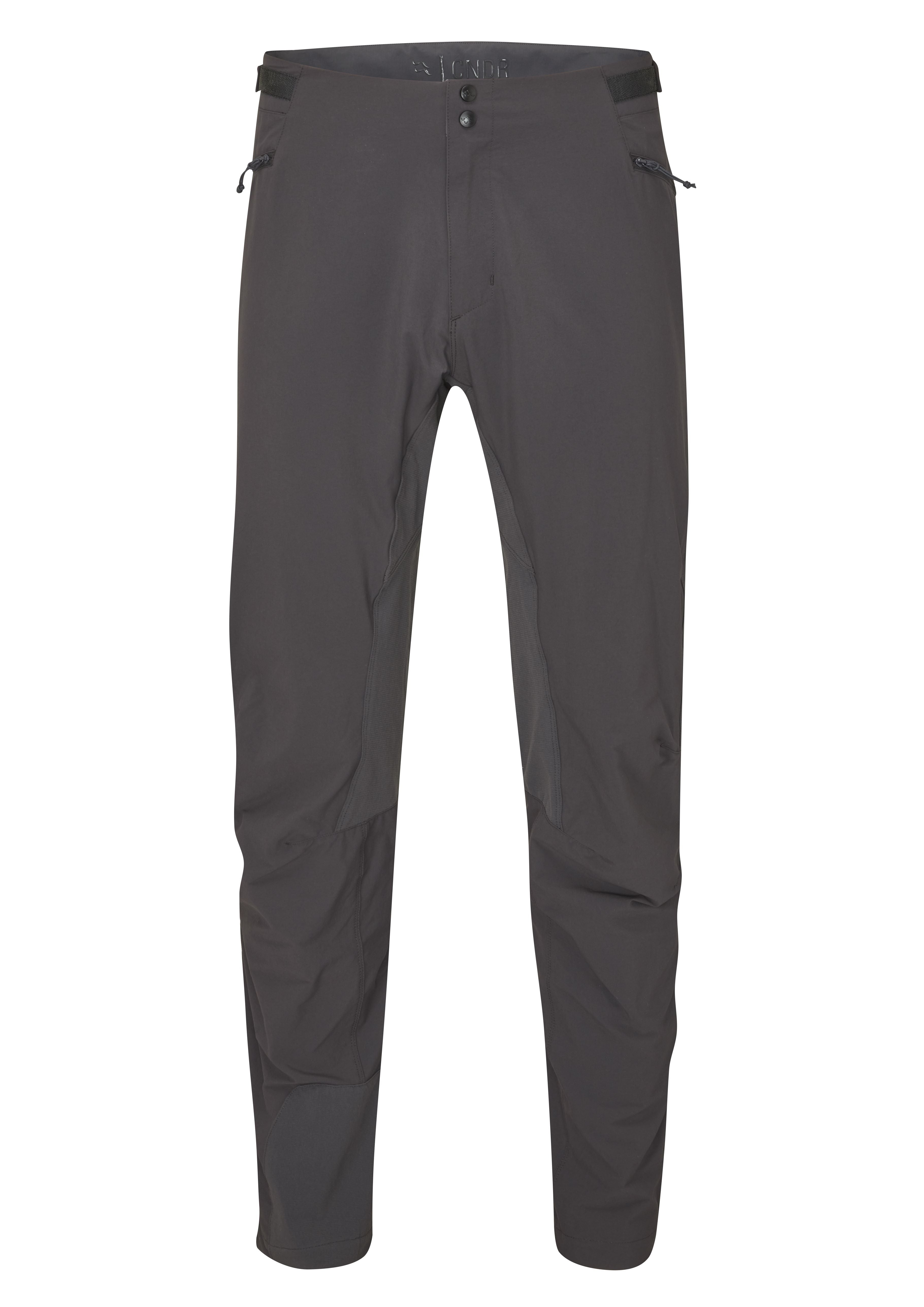 Rab Cinder Crank Long Cycling Pants with reinforced fit and adjustable waist, shown in a close-up view of the durable cycling clothing.