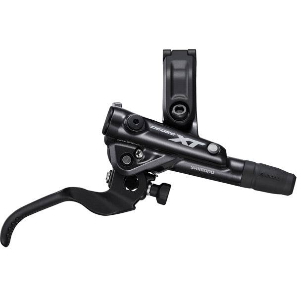 Shimano Deore XT hydraulic disc brake lever set for mountain biking, showing black brake levers and hydraulic hoses.