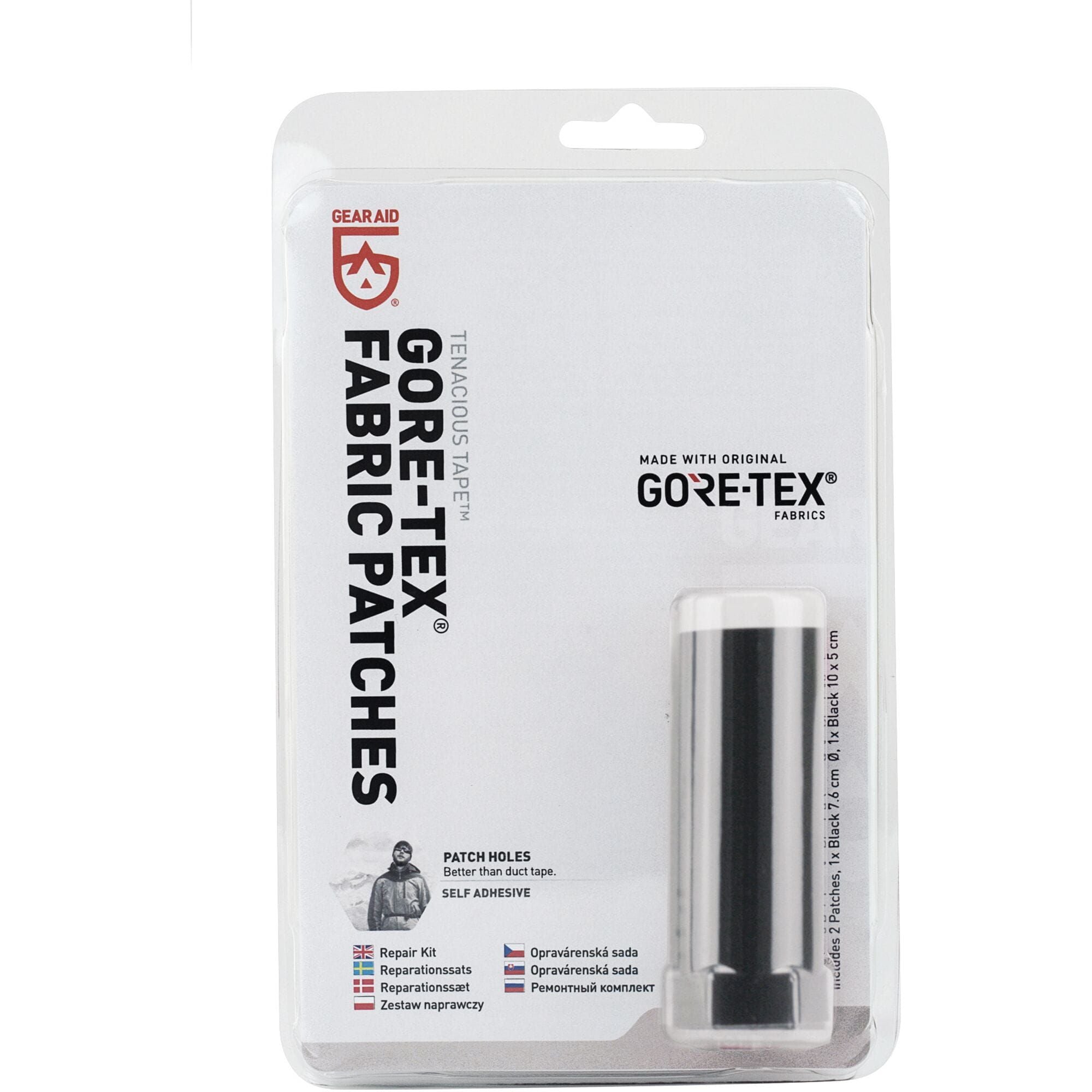 Gear Aid Tenacious Gore-Tex patches for waterproof clothing repair, adhesive-backed fabric patches for outdoor apparel.