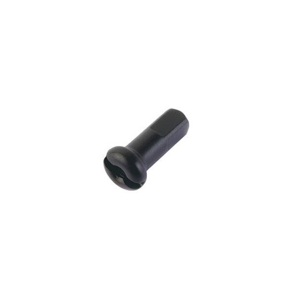 Set of 100 black alloy DT Swiss 2 x 12 mm nipples for 2 mm spokes, shown in a box with close-up of threaded design.