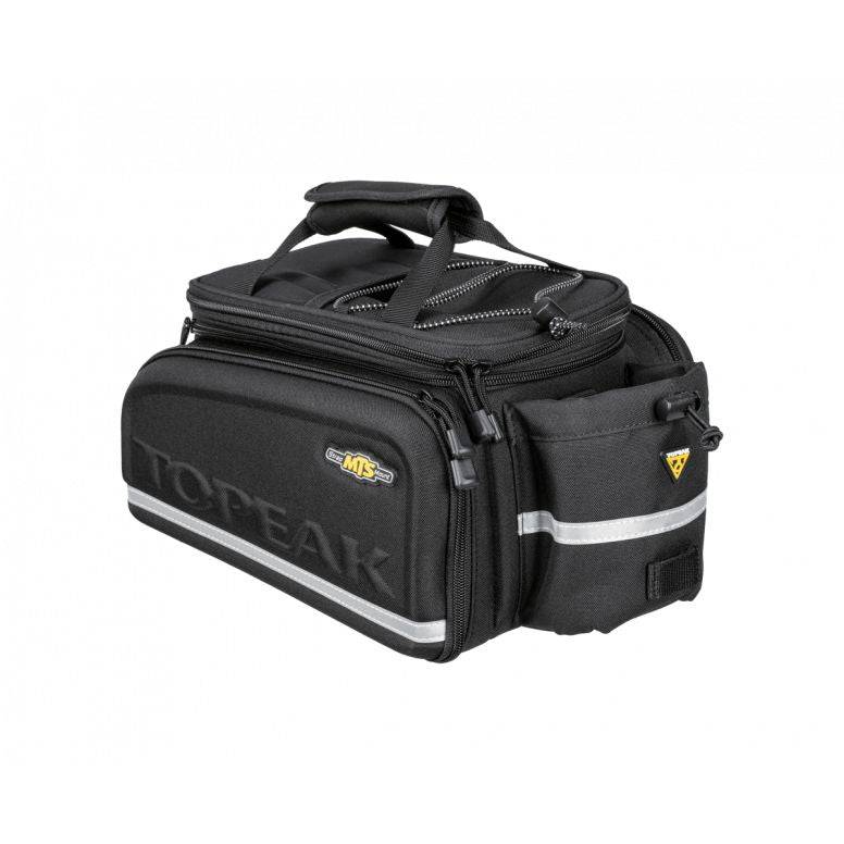 Topeak MTS TrunkBag DXP black bike rack bag with expandable design, weather-resistant fabric, and built-in bottle holder.