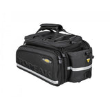 Topeak MTS TrunkBag DXP black bike rack bag with expandable design, weather-resistant fabric, and built-in bottle holder.