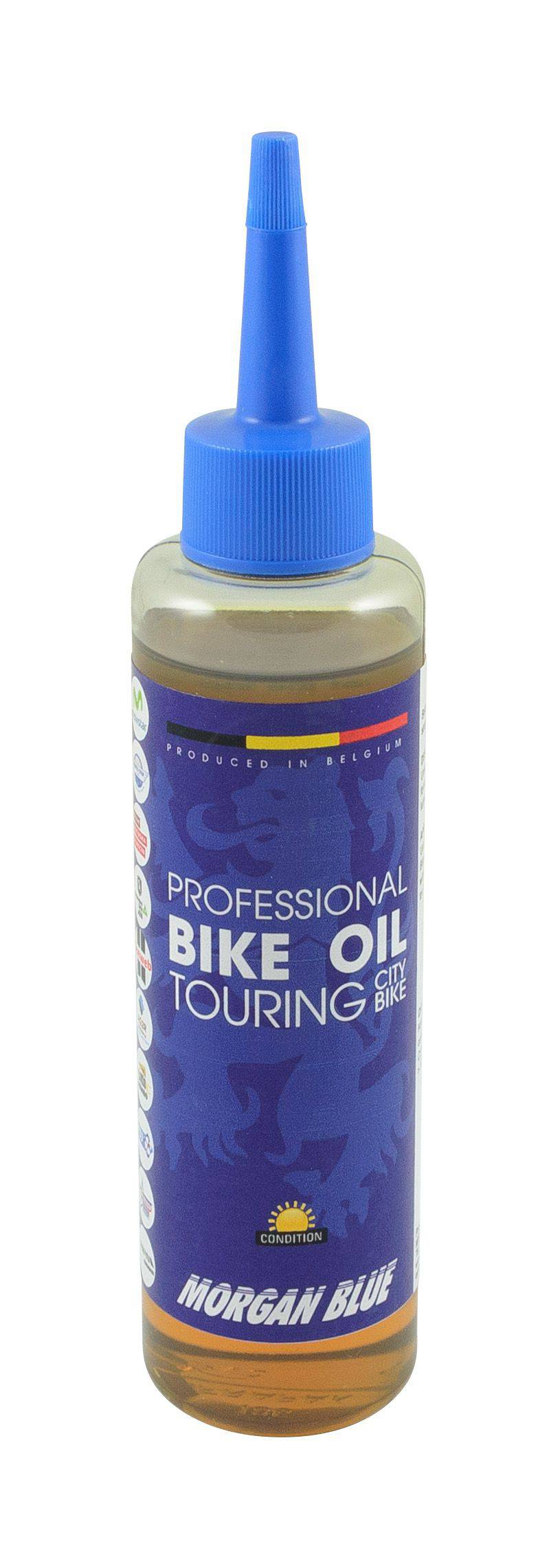 Morgan Blue bike oil lubricates touring and citybike chains and drivetrains, ideal for maintenance workshops.