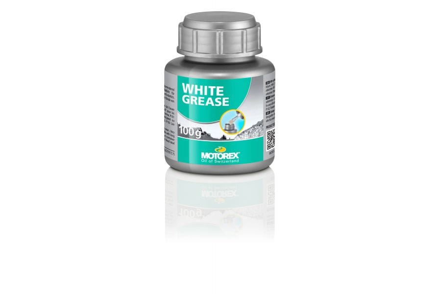 Motorex Workshop White Grease lithium bicycle lubricant applied to bike bearings and crankset for smooth operation.