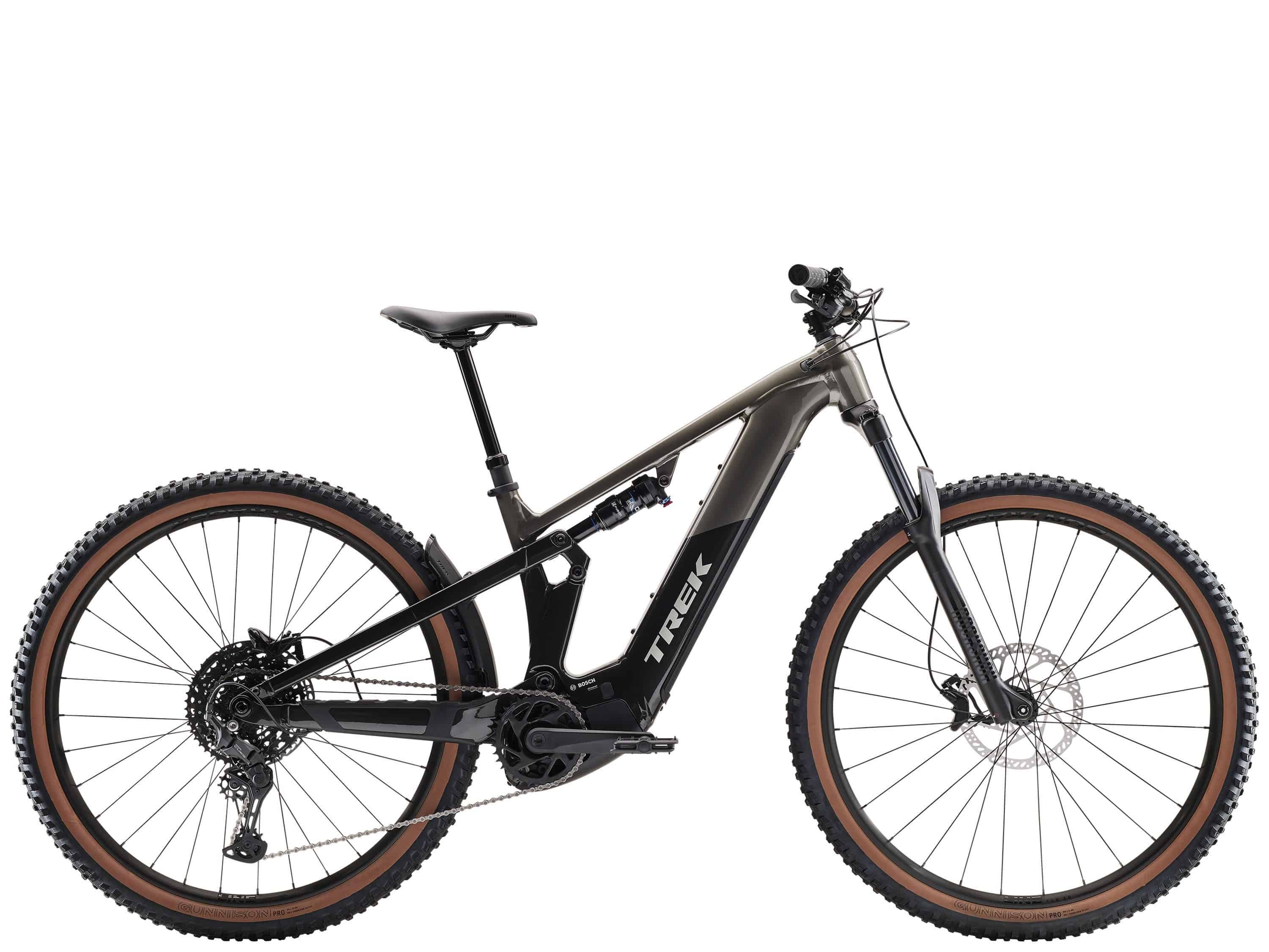 Trek Powerfly FS+ 4 full suspension e-mountain bike with Bosch Performance Line CX motor and 600Wh battery in outdoor trail setting