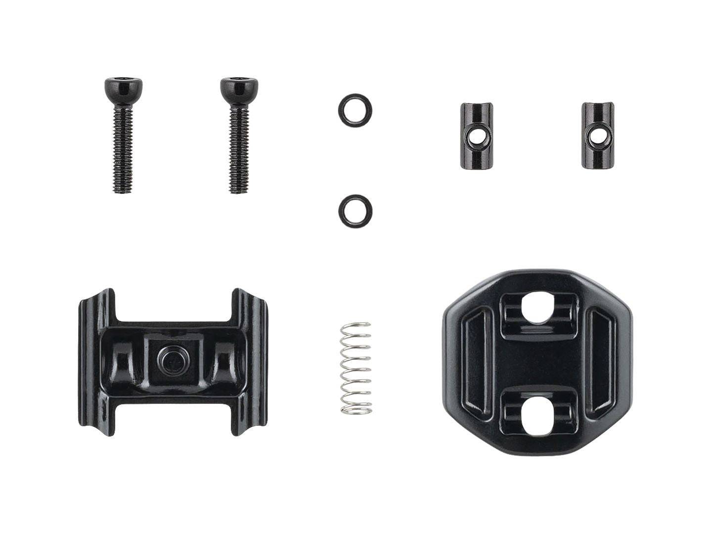 Black Bontrager Line Dropper 2-Bolt Saddle Clamp Assembly for secure bike saddle attachment, components for mountain bike setup.
