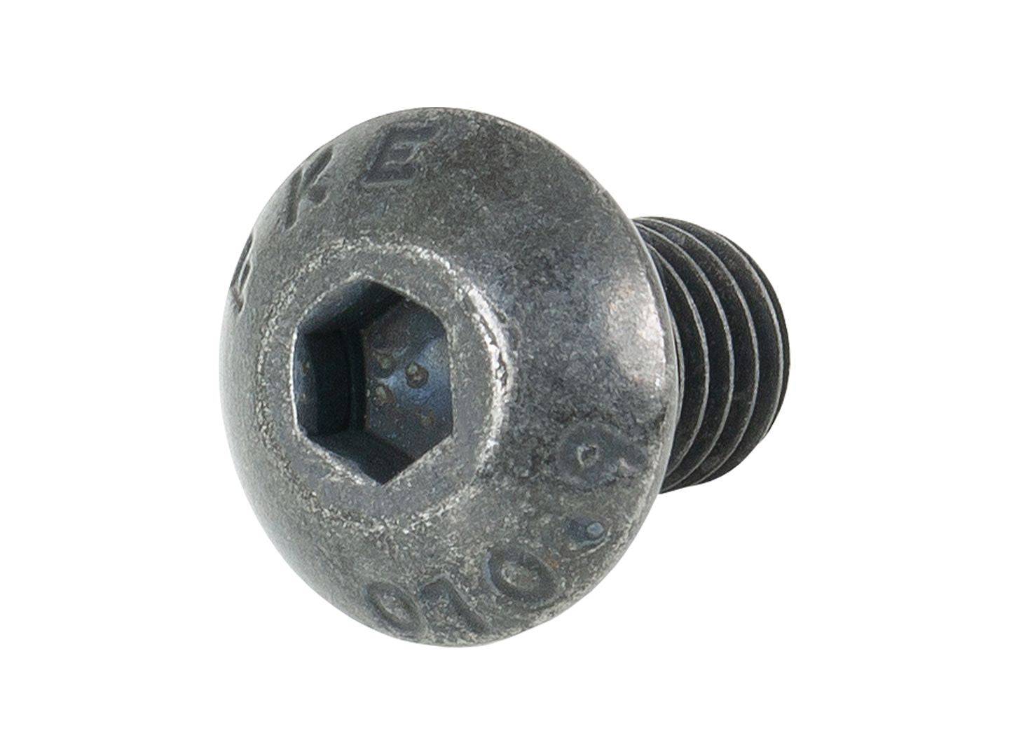 Trek M5x0.8 black button head cap bolts for water bottle cage, 8mm length, close-up of metal fasteners.