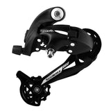 SunRace RDM57 LD long cage rear derailleur for 8-speed mountain bike drivetrains, showing the black component with mounting hardware.
