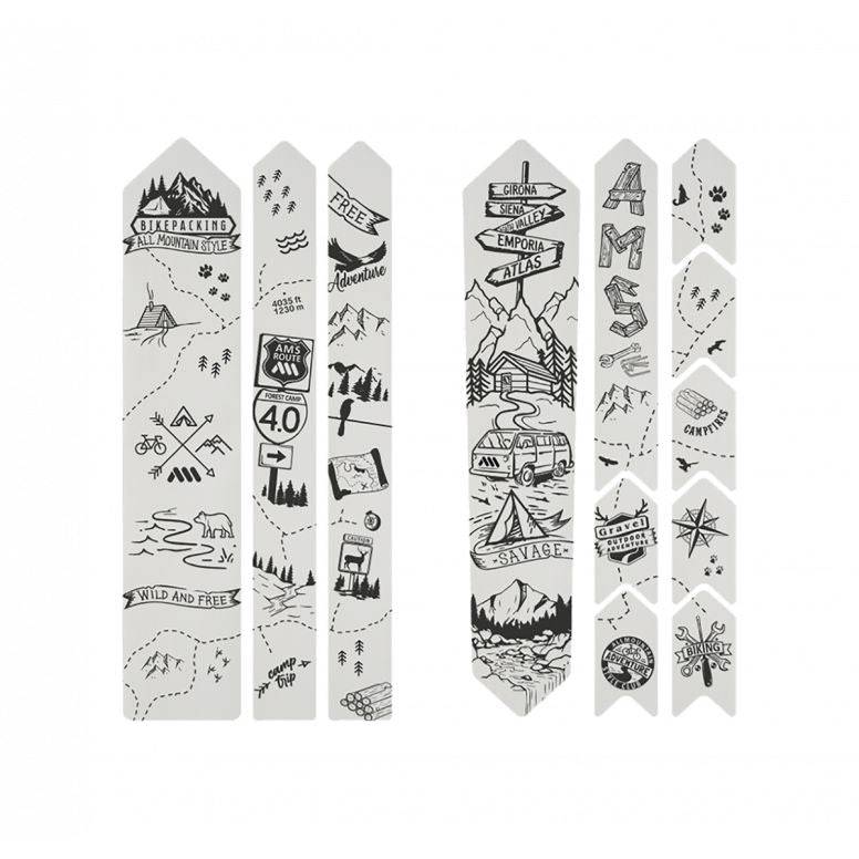 All Mountain Style frame guard stickers for gravel and road bikes, designed for protection and style on bike frames.