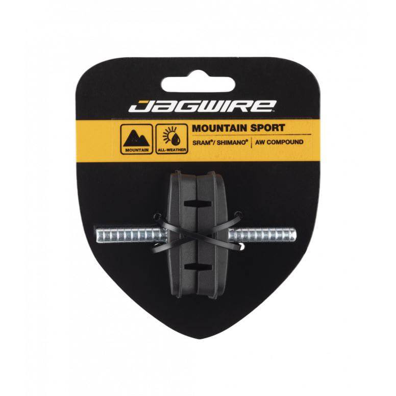 Jagwire Mountain Sport Canti brake pads for SRAM and Shimano bikes, showing close-up of 53mm brake pads for mountain cycling.