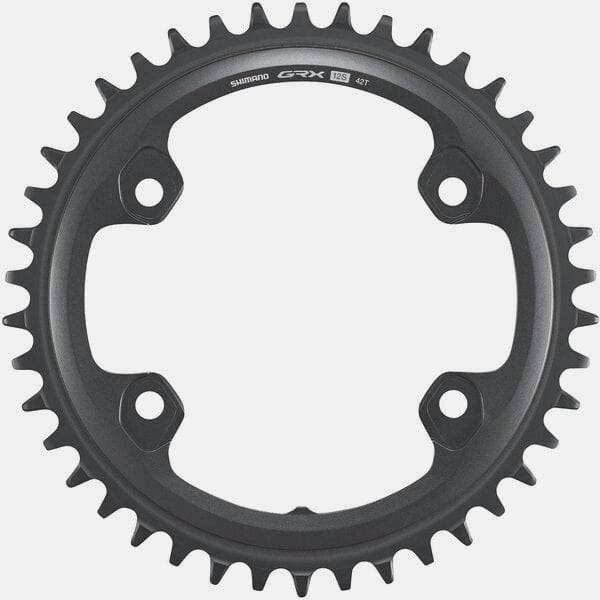 Shimano GRX FC-RX820-1 42T single chainring for 12-speed 1x drivetrain, with black finish and detailed teeth design.