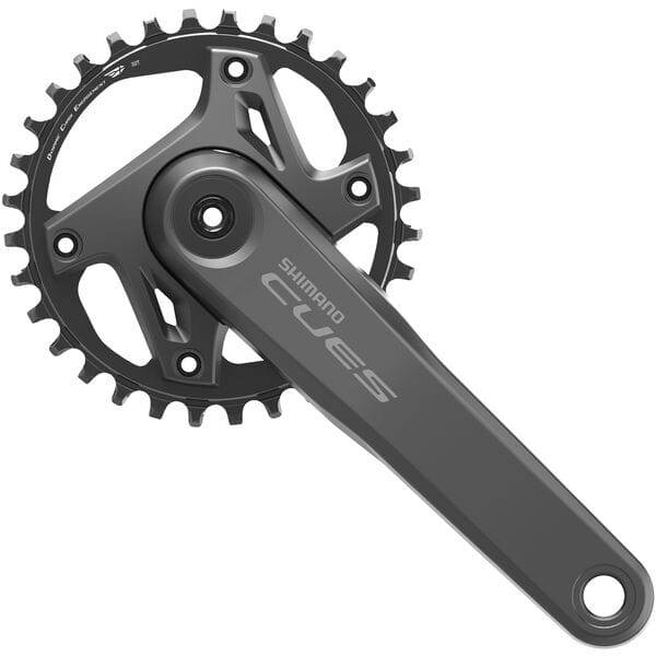 Shimano CUES FC-U6000 2-piece MTB crankset for 9/10/11-speed drivetrains, showing crank arms and chainring details.
