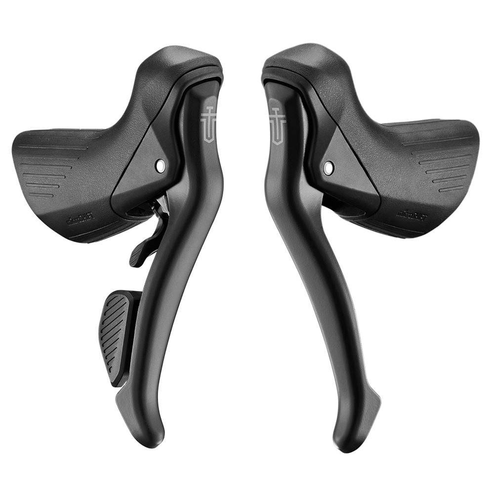 MicroSHIFT Sword black drop bar gravel shifters with 1X and 2X mechanical disc brake components for bikes.