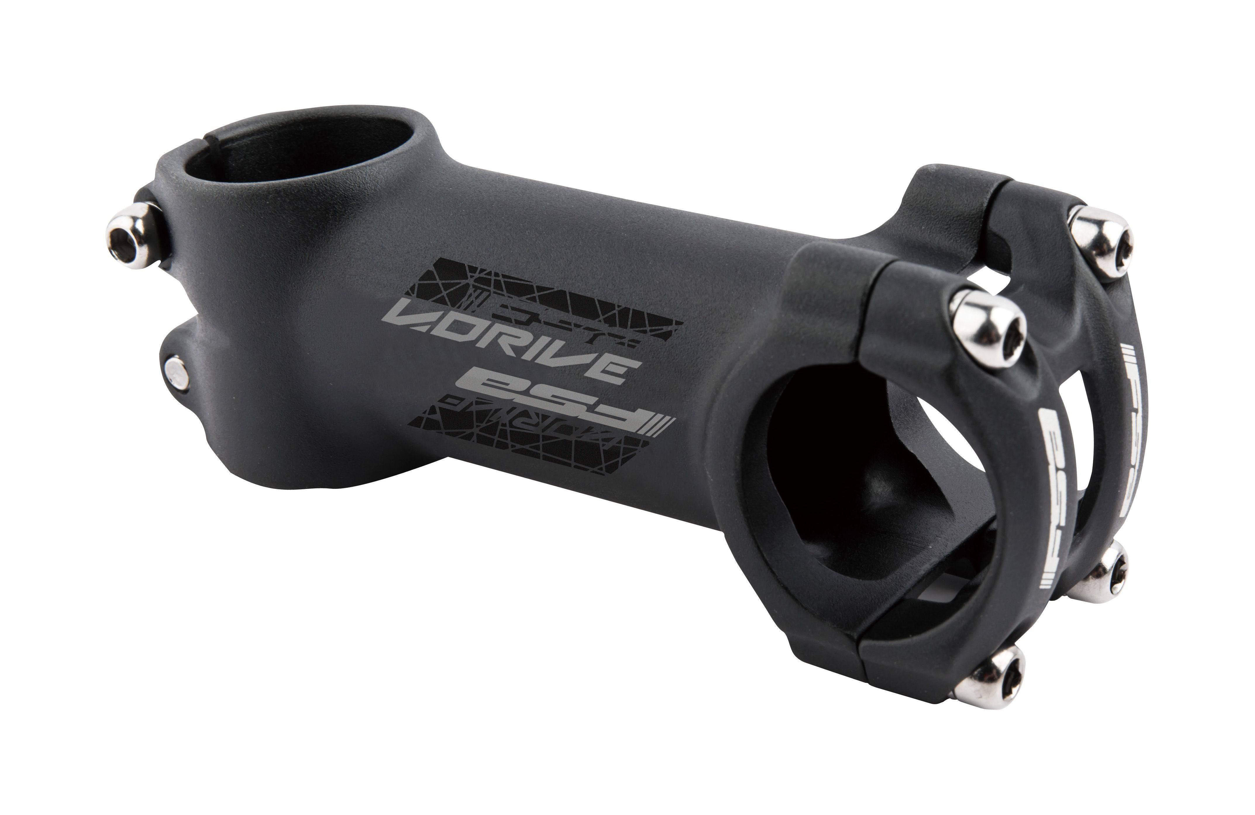 FSA V-Drive bike stem with 31.8mm clamp, adjustable ±6° angle, shown in multiple lengths for road or mountain bike components.