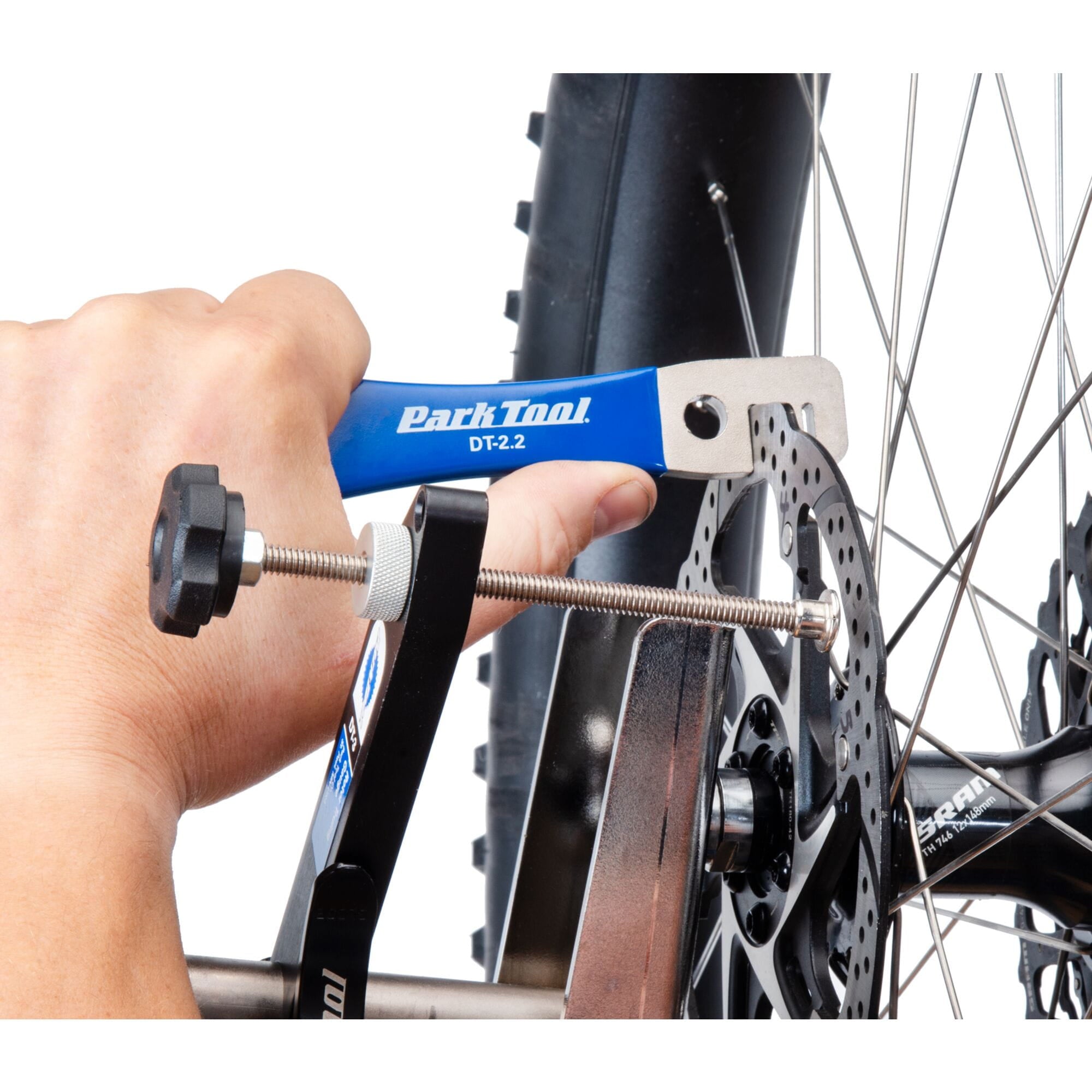 Park Tool DT-2.2 rotor truing fork for bicycle disc brake rotor alignment, workshop tool for precise rotor adjustments.
