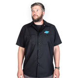 Park Tool MS-3 mechanics workshop shirt in XXL with tool pockets and embroidered logo, displayed on a hanger.