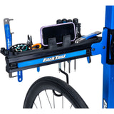 Park Tool PRS-TT-2 deluxe workshop tool tray attached to PRS-30 and PRS-33 repair stands for organized bike repair workspace