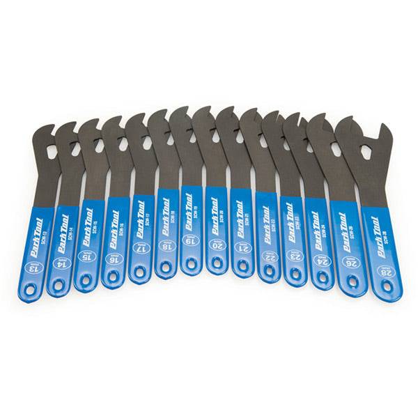 Park Tool SCWSET.3 shop cone wrench set for bicycle wheel maintenance, featuring durable wrenches in a workshop setting.