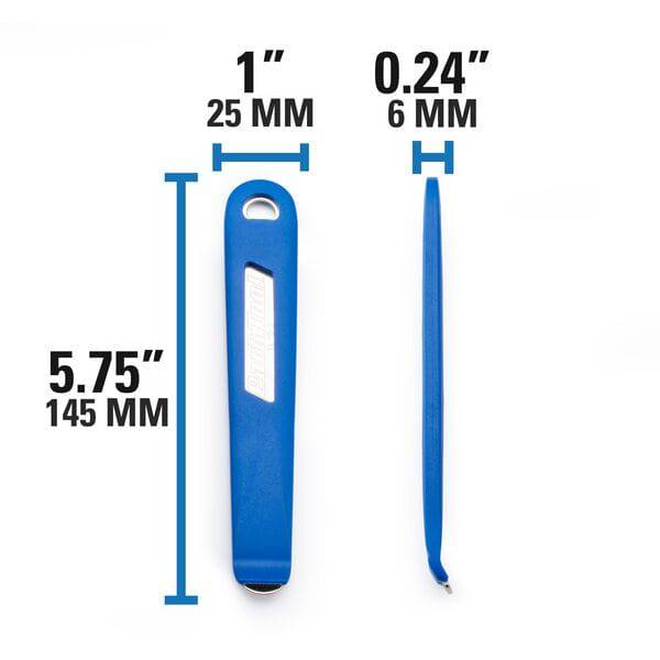 Park Tool TL-6.3 Steel-Core bicycle tyre levers set of 2 for bike tire repair, shown on a workshop workbench.