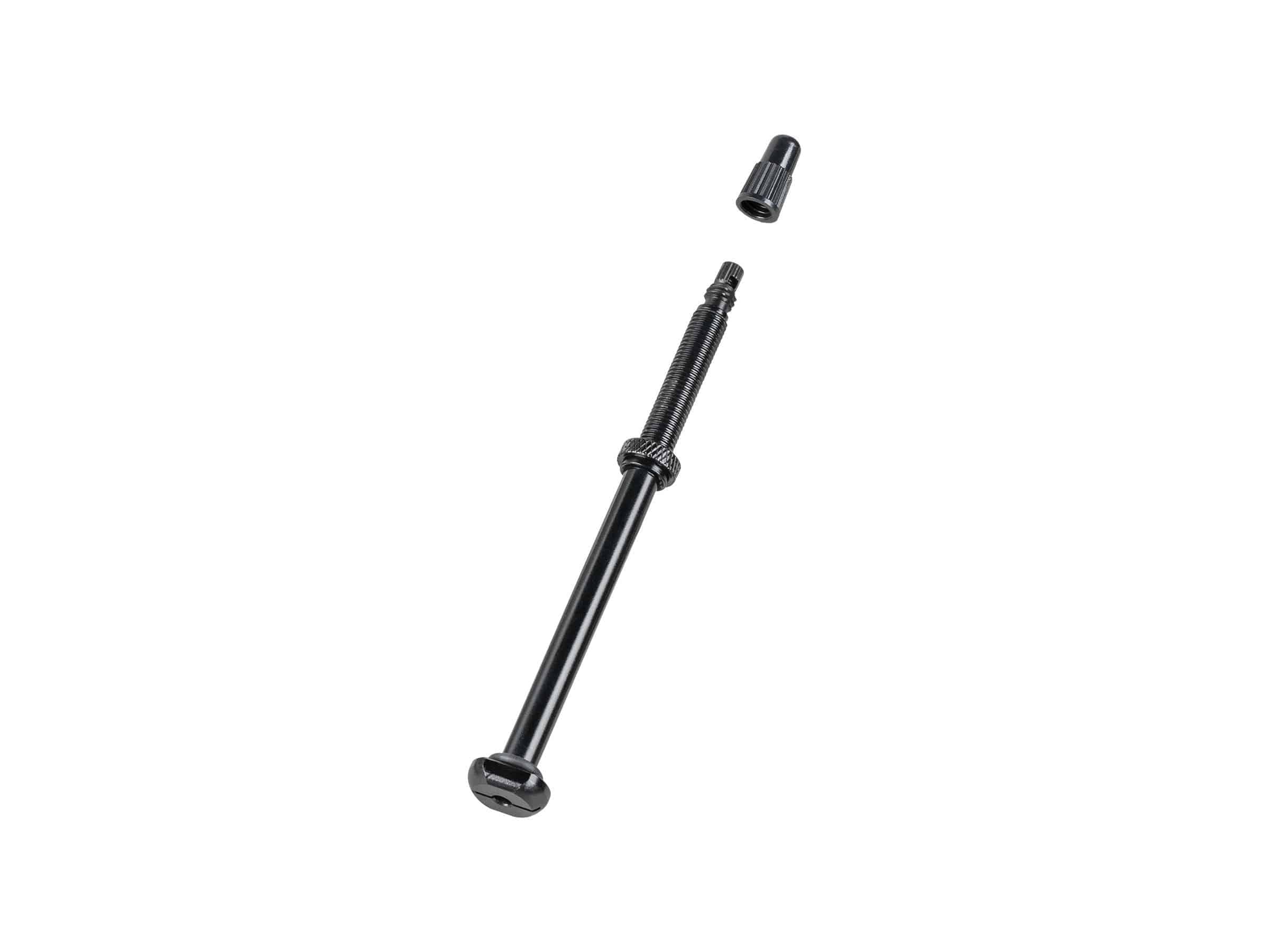 Black Bontrager Round Base TLR valve stem for tubeless-ready wheels, component for easy inflation and secure sealing.