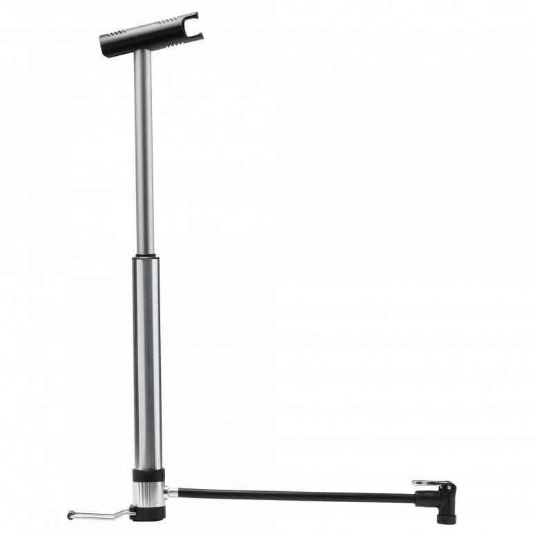Crankbrothers Klic Mini Floor Pump in silver and black with magnetic hose, portable bike pump accessory for tire inflation.