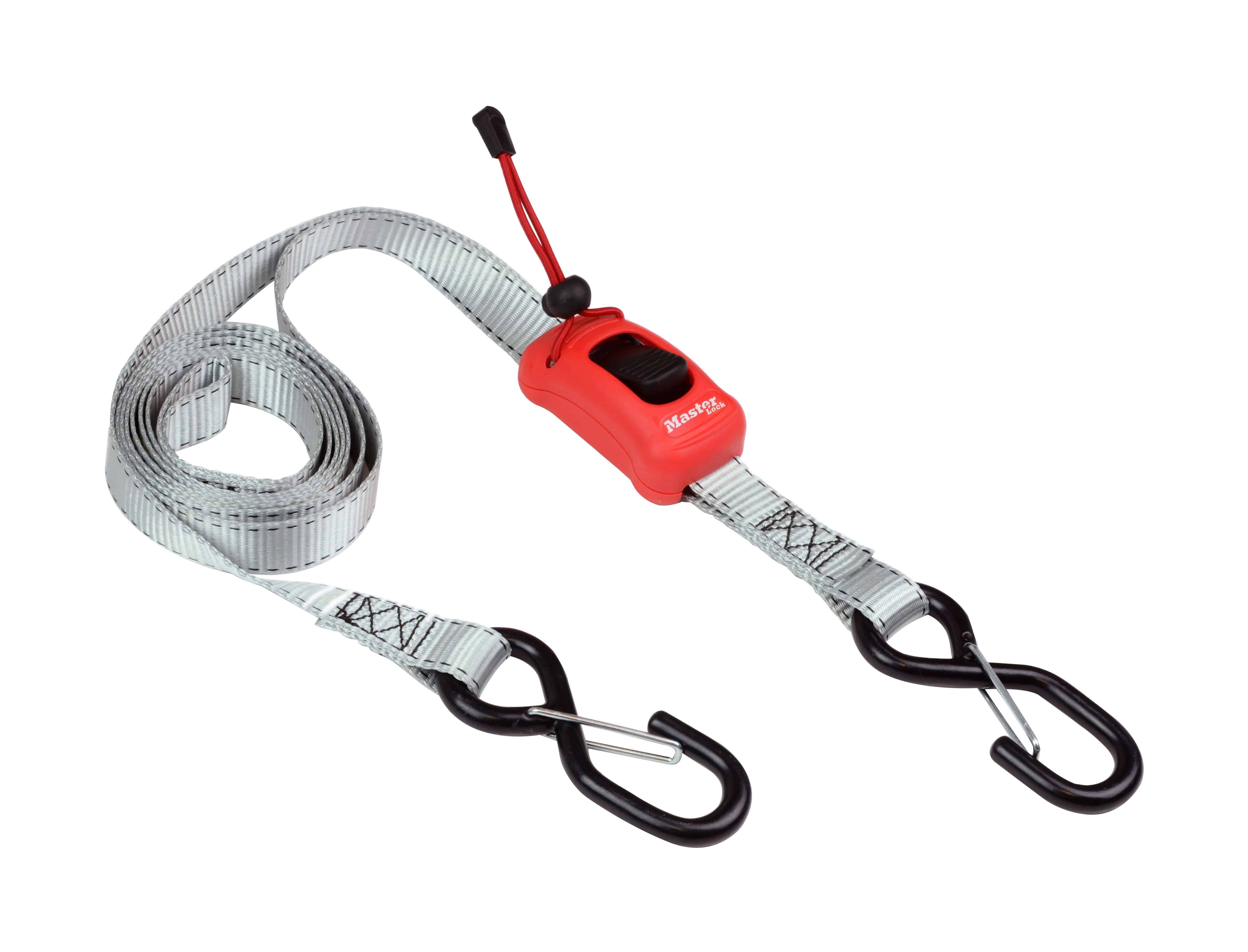 Master Lock spring clamp tie down strap with S-hooks, 2500mm length, adjustable, used for securing items during transport.